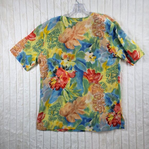 VTG Tess 100% Silk Blouse Women's  Colorful Tropical Floral Short Sleeve Size M - Picture 7 of 13